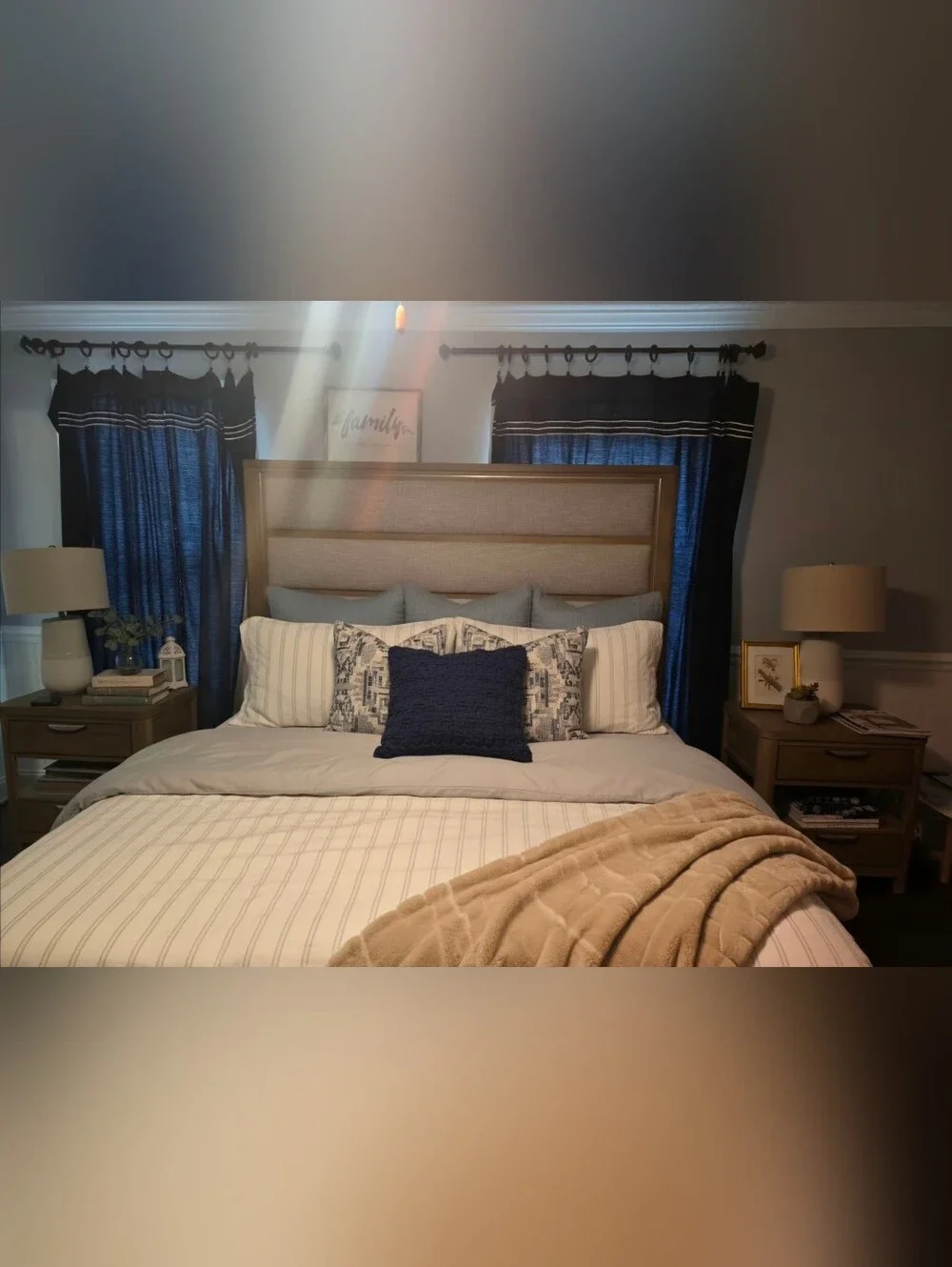Nautica Navy Stripe Curtains with Neutral Bed Accent
